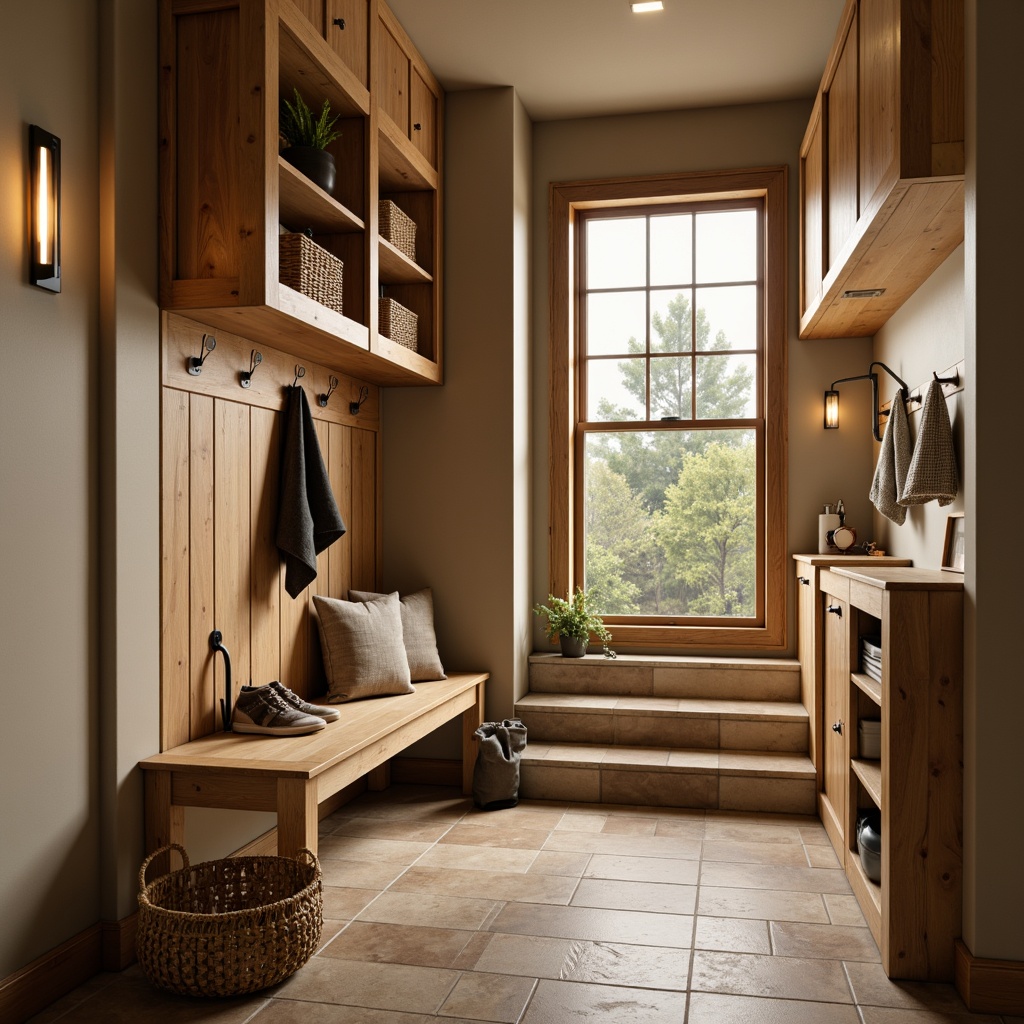 Prompt: Cozy mudroom, warm beige walls, natural stone flooring, wooden bench, rustic metal hooks, woven baskets, soft warm lighting, table lamps, pendant lights, LED strips, ambient glow, 3/4 composition, shallow depth of field, realistic textures, warm color palette, earthy tones, modern farmhouse style, functional layout, storage cabinets, boot racks, hanging organizers.