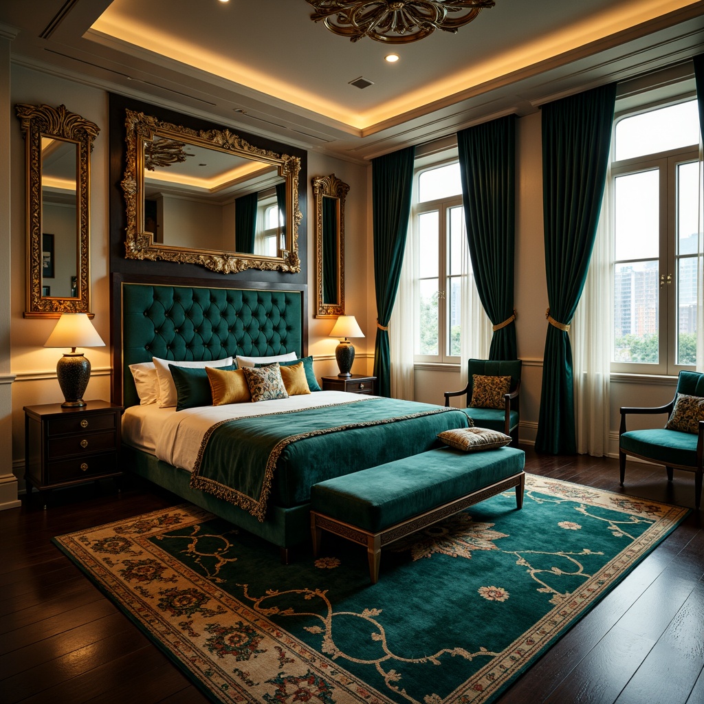 Prompt: Luxurious Art Deco bedroom, rich jewel tones, metallic accents, opulent fabrics, velvet drapes, ornate mirrors, geometric patterns, bold black outlines, lavish gold leafing, soft cream walls, deep emerald green, rich turquoise blue, warm amber lighting, dramatic shadows, low-angle photography, cinematic composition, high-contrast colors, intricate textures, ornate accessories.