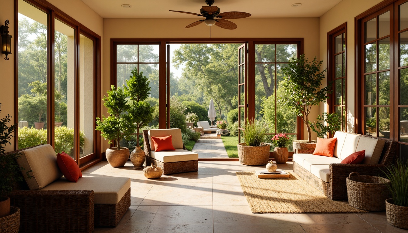 Prompt: Sun-kissed sunroom, warm beige walls, large glass windows, sliding doors, natural stone floors, hexagonal tile patterns, earthy brown furniture, lush greenery, potted plants, warm ambient lighting, soft diffused shadows, 1/1 composition, realistic textures, vibrant colorful accents, cozy reading nook, plush cushions, woven baskets, nature-inspired decor.