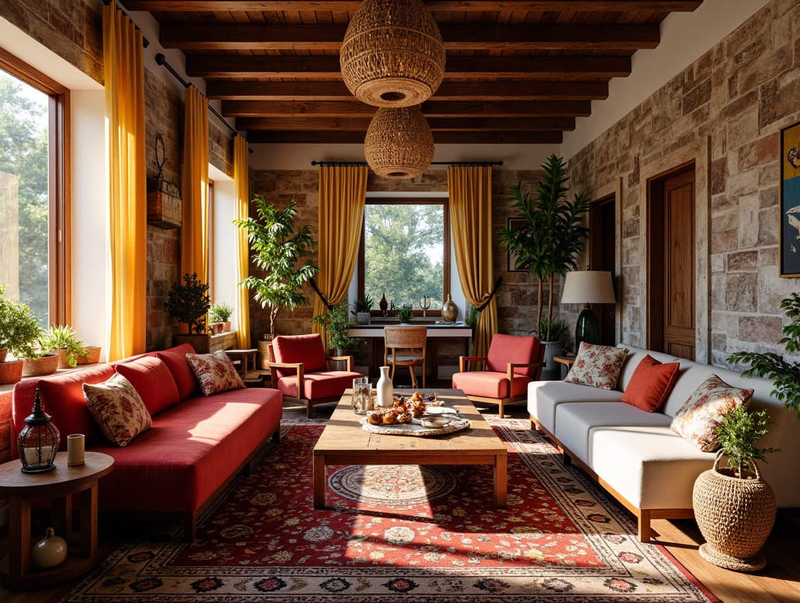 Prompt: Vibrant bohemian living room, eclectic mix of patterns, bold colored rugs, plush velvet sofas, distressed wooden accents, vintage Moroccan tiles, ornate Indian textiles, intricately embroidered fabrics, flowing silk drapes, chunky woven baskets, macrame wall hangings, natural fiber upholstery, abstract artwork, reclaimed wood coffee tables, oversized lanterns, warm golden lighting, shallow depth of field, 2/3 composition, soft focus effect.