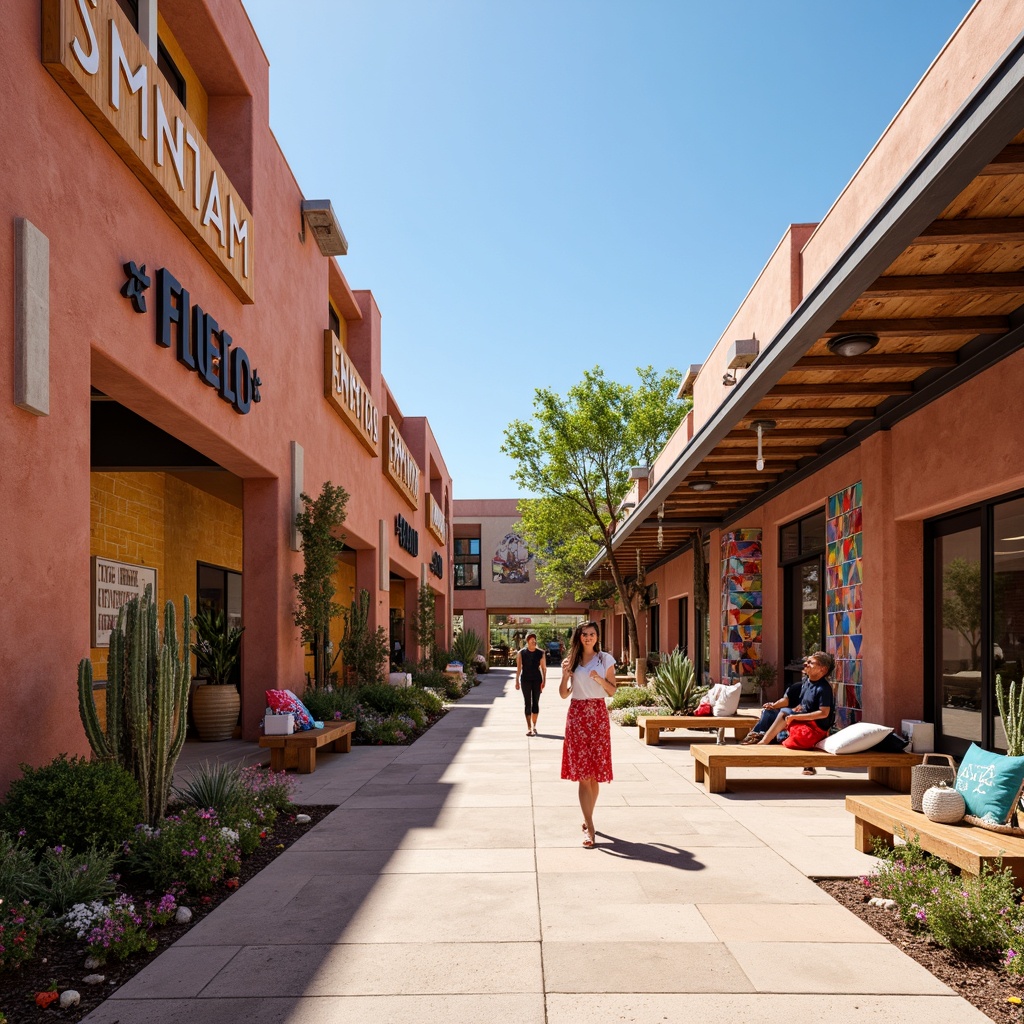 Prompt: Vibrant Southwestern bus station, terracotta-colored stucco walls, rustic wooden accents, colorful tile murals, bold typography signage, desert landscaping, cacti plants, warm sunny day, clear blue sky, dynamic angular lines, modern architecture, large glass windows, sliding doors, industrial metal beams, earthy tone concrete floors, natural stone benches, patterned textiles, geometric patterns, festive pi\u00f1ata-inspired decorations, lively mariachi music, authentic Southwestern flair, warm soft lighting, shallow depth of field, 3/4 composition, panoramic view.