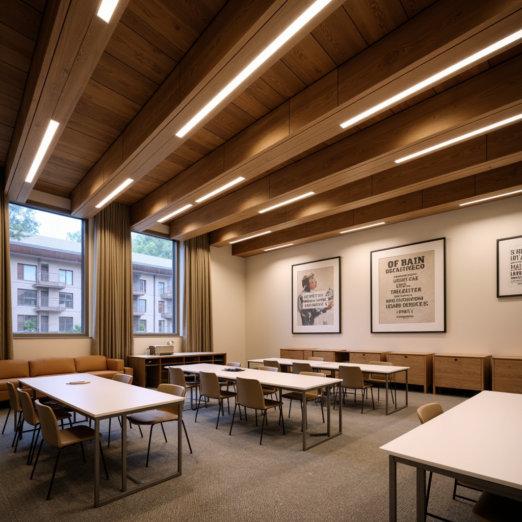 Prompt: Modern classroom interior, stylish wooden ceiling beams, warm ambient lighting, cozy atmosphere, natural wood tones, earthy color palette, comfortable seating arrangements, minimalist desks, sleek metal chairs, inspirational quotes, educational posters, soft carpet flooring, sound-absorbing panels, subtle texture variations, 1/1 composition, realistic rendering, atmospheric depth of field.