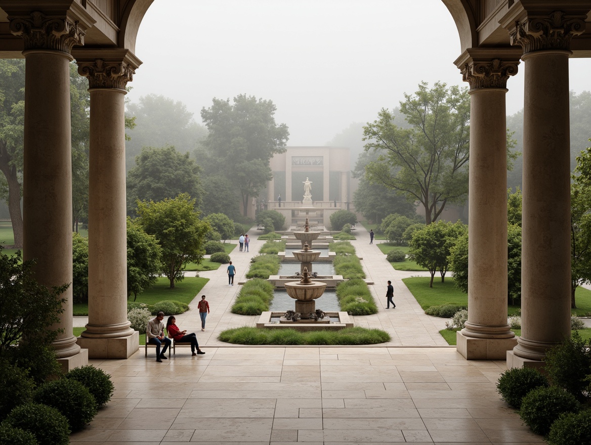 Prompt: Grandiose columns, ornate fountains, manicured lawns, walking paths, symmetrical landscaping, classical sculptures, elegant benches, natural stone flooring, subtle lighting, atmospheric mist, shallow depth of field, 1/1 composition, panoramic view, realistic textures, ambient occlusion.