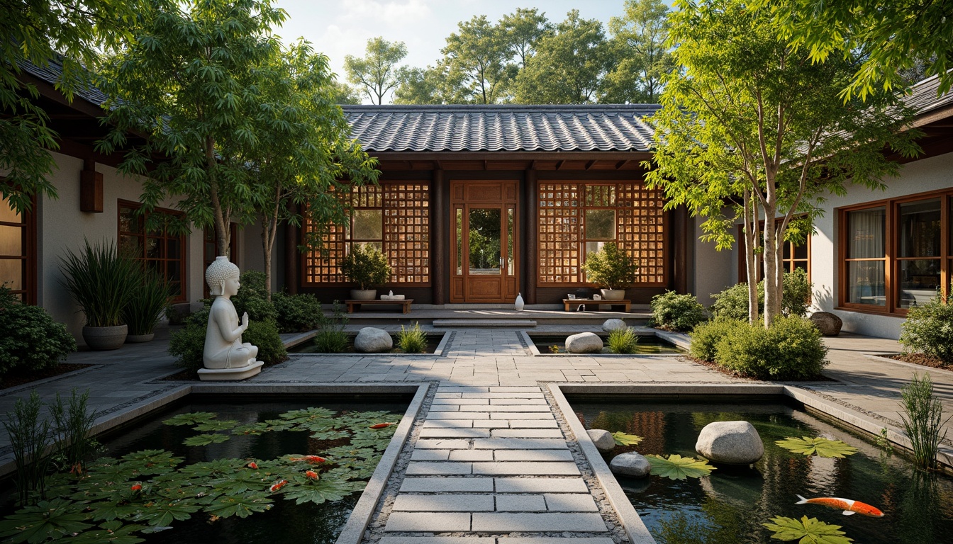 Prompt: Serenity-filled monastery courtyard, intricately carved wooden doors, traditional Asian tile roofs, lush green bamboo forests, peaceful koi ponds, natural stone pathways, rustic wooden bridges, serene Buddha statues, vibrant lanterns, soft warm lighting, shallow depth of field, 1/2 composition, panoramic view, realistic textures, ambient occlusion.