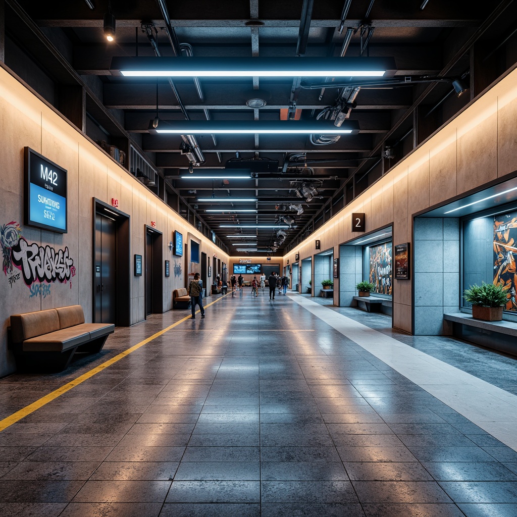 Prompt: Vibrant metro station, industrial chic aesthetic, exposed concrete walls, metallic accents, urban graffiti, dynamic LED lighting, sleek modern signage, polished granite floors, geometric tile patterns, textured concrete columns, atmospheric misting systems, natural stone cladding, minimalist benches, futuristic elevator designs, bold color schemes, high-contrast shading, cinematic camera angles, dramatic spotlights, 1/2 composition, realistic reflections.