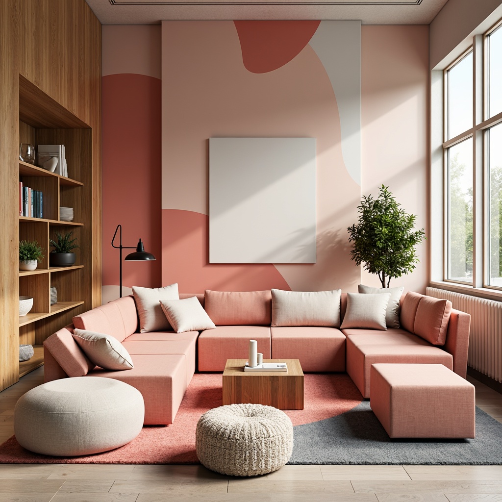 Prompt: Vibrant modern design studio, sleek minimalist furniture, natural wood accents, bold typography, pastel color scheme, soft peach tones, creamy whites, rich charcoal grays, pops of bright coral, abstract geometric patterns, atmospheric lighting, shallow depth of field, 2/3 composition, realistic textures, ambient occlusion.