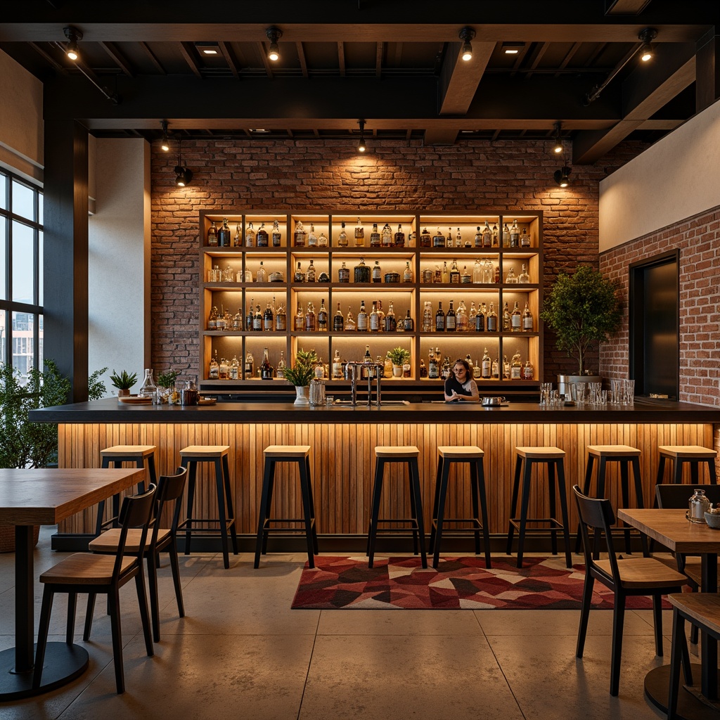 Prompt: Modern industrial bar, reclaimed wood accents, metal stools, Edison bulb lighting, exposed brick walls, minimalist decor, urban loft atmosphere, warm earthy tones, polished concrete floors, sleek stainless steel countertops, geometric patterned rugs, ambient dim lighting, 3/4 composition, shallow depth of field, realistic textures.