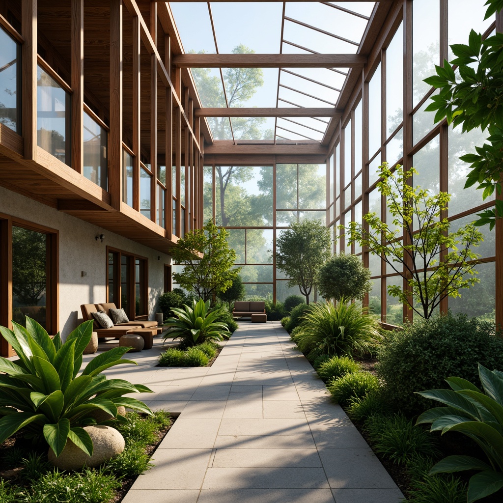 Prompt: Sleek Asian-inspired greenhouse, lush tropical plants, natural stone flooring, wooden accents, bamboo textures, sliding glass doors, clerestory windows, high ceilings, diffused soft light, warm ambiance, misty atmosphere, morning dew, subtle shadows, 1/1 composition, shallow depth of field, realistic plant rendering, ambient occlusion.