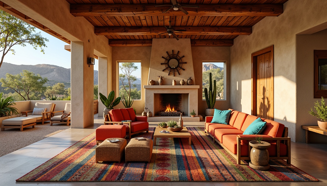 Prompt: Vibrant Southwestern living room, rustic wooden furniture, plush sectional sofas, colorful woven textiles, geometric patterned rugs, natural stone fireplaces, earthy tone walls, wooden beam ceilings, large windows, warm sunny lighting, soft ambient shadows, 1/1 composition, realistic rendering, warm color palette, adobe-inspired architecture, desert landscape views, cactus plants, succulent decorations, turquoise accents, woven baskets, rattan coffee tables, distressed wood finishes, comfortable oversized armchairs.