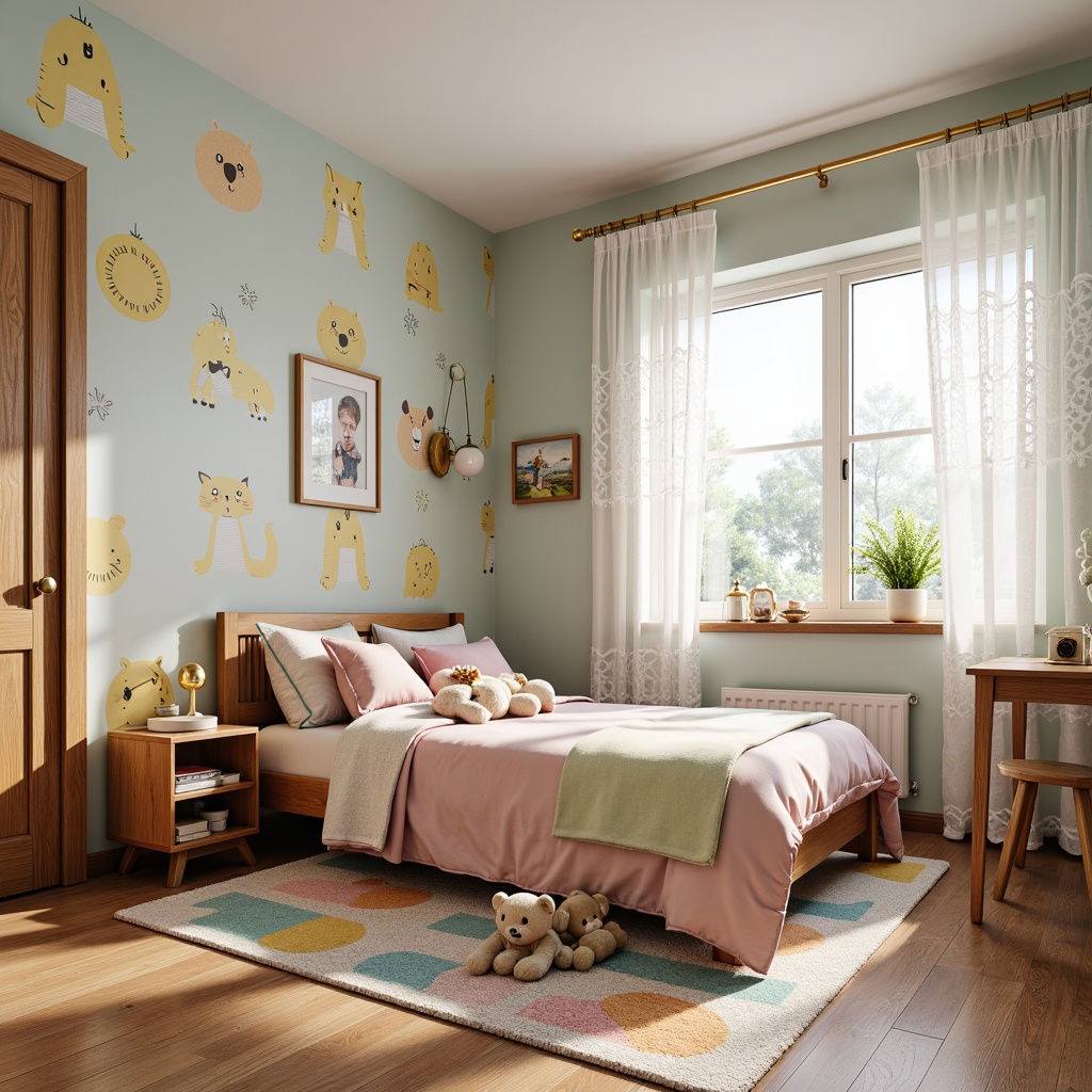 Prompt: Cozy kids' bedroom, soft pastel colors, plush toys, vibrant cartoon characters, whimsical wallpaper, delicate lace curtains, comfortable bedding sets, stuffed animal decorations, colorful rug, wooden furniture, natural oak wood tone, modern minimalist design, plenty of storage space, soft warm lighting, 1/1 composition, realistic textures, ambient occlusion.