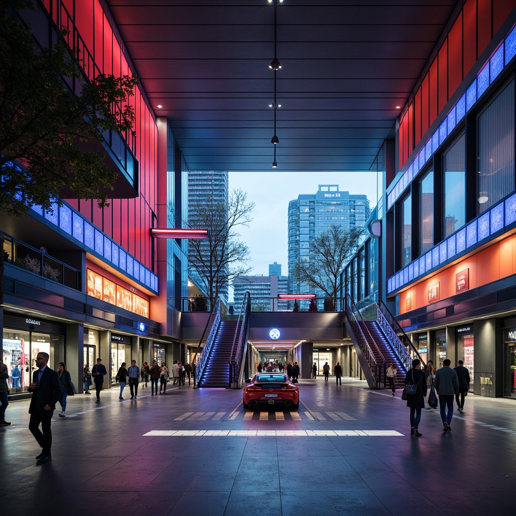 Prompt: Futuristic metro station, sleek modern architecture, high ceilings, grand staircases, vibrant colored walls, urban cityscape, bustling crowds, innovative lighting fixtures, suspended LED strips, minimalist design, geometric shapes, industrial materials, metallic accents, dynamic color-changing effects, ambient glow, dramatic shadows, 3/4 composition, low-angle shot, realistic textures, ambient occlusion.