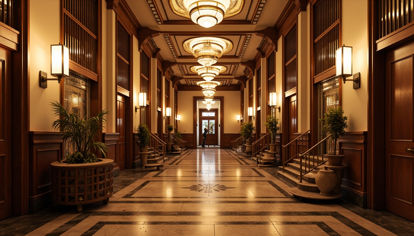 Prompt: Grand art deco school hallways, ornate chandeliers, sconce lighting, geometric patterns, metallic finishes, luxurious textiles, polished marble floors, curved staircases, decorative metal railings, vintage-inspired lanterns, warm golden lighting, soft ambient glow, shallow depth of field, 1/2 composition, realistic reflections, detailed ornaments, opulent atmosphere.