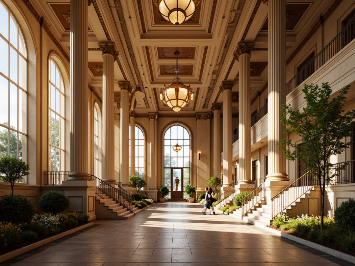 Prompt: Grand community center, imposing columns, ornate capitals, classic arches, intricate moldings, neoclassical facade, symmetrical composition, grand staircase, high ceilings, marble floors, elegant chandeliers, luxurious textiles, refined color palette, warm golden lighting, shallow depth of field, 1/1 composition, realistic textures, ambient occlusion.