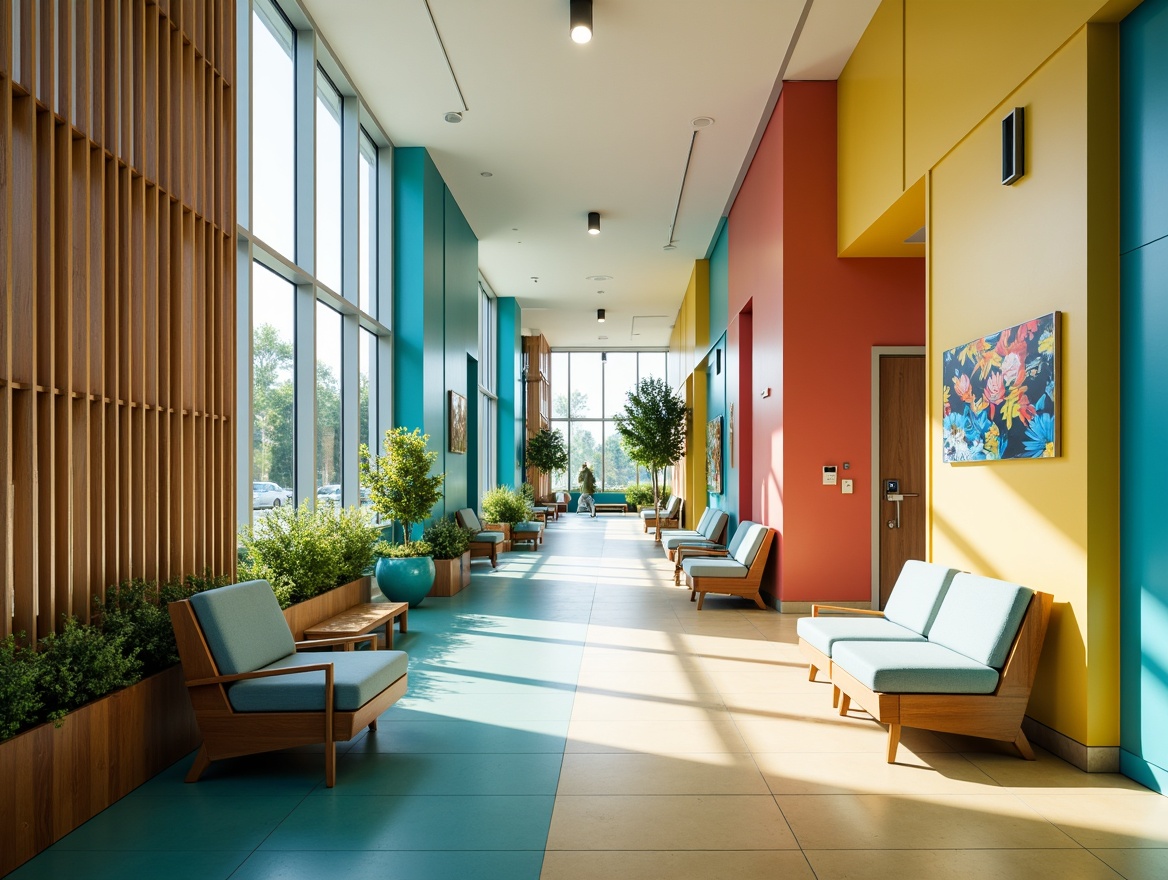 Prompt: Vibrant hospital corridors, eclectic style, bold color blocking, bright turquoise accents, warm beige walls, rich wood tones, playful polka dot patterns, lively greenery, natural light pouring in, large windows, comfortable seating areas, soothing blue hues, calming yellow undertones, modern medical equipment, sleek metal fixtures, unique artwork displays, colorful patient rooms, cozy waiting lounges, peaceful atmosphere, soft warm lighting, shallow depth of field, 3/4 composition, realistic textures, ambient occlusion.