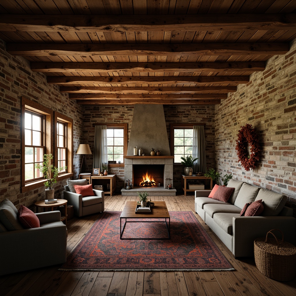 Prompt: Rustic farmhouse, reclaimed wood accents, distressed metal finishes, earthy color palette, natural stone textures, exposed brick walls, wooden beam ceilings, vintage decorative items, cozy candle lighting, soft warm glow, shallow depth of field, 1/1 composition, intimate atmosphere, realistic wear and tear, ambient occlusion.