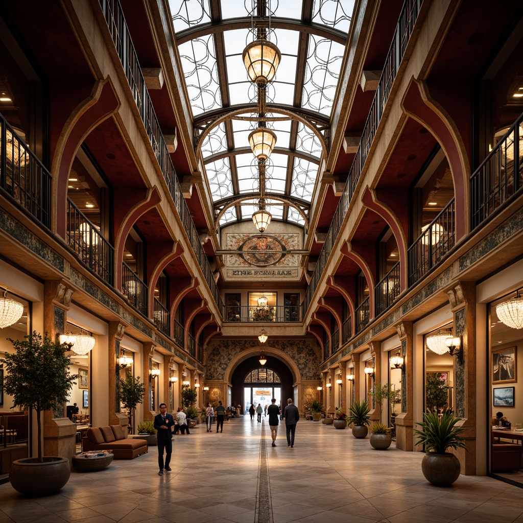 Prompt: \Opulent garage interior, sinuous curved lines, flowing organic shapes, ornate metalwork, luxurious materials, velvet drapes, polished wood accents, intricate mosaics, stained glass ceilings, grand chandeliers, warm golden lighting, soft focus, shallow depth of field, 2/3 composition, symmetrical framing, rich textures, subtle reflections.\