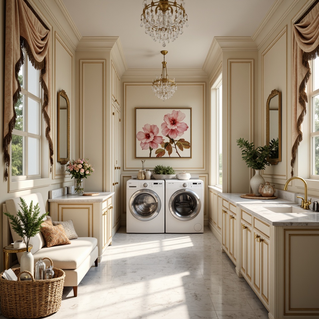 Prompt: Luxurious laundry room, soft pastel hues, creamy whites, warm beige tones, ornate gold accents, delicate floral patterns, velvet drapes, crystal chandeliers, marble countertops, porcelain sinks, antique furniture pieces, lavish textiles, opulent fabrics, gentle natural light, subtle shadows, 3/4 composition, intimate atmosphere, realistic reflections, ambient occlusion.