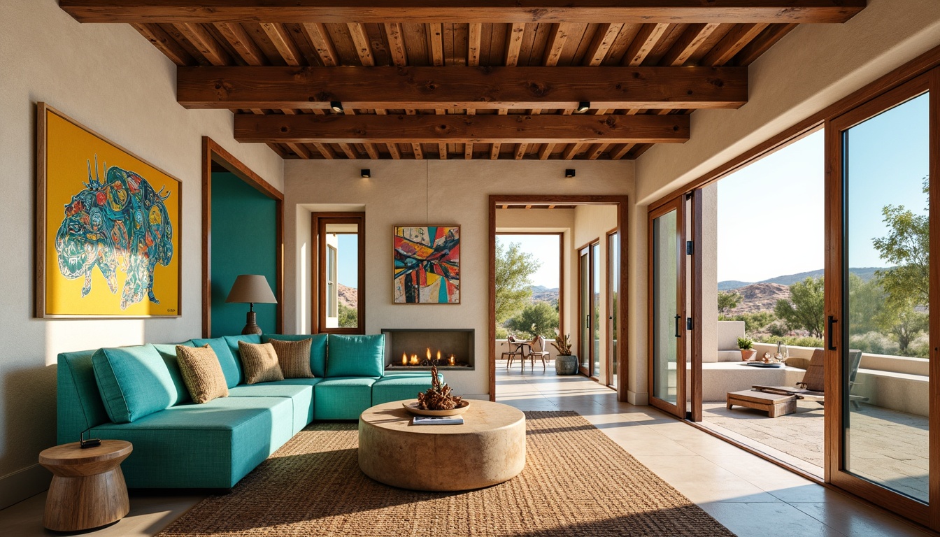 Prompt: Vibrant turquoise accents, earthy adobe textures, rustic wooden beams, natural stone walls, southwestern patterns, woven textiles, bold geometric shapes, bright desert sunlight, warm beige tones, modern minimalist furniture, sleek metal decor, eclectic art pieces, colorful tribal prints, dramatic ceiling treatments, LED lighting installations, abstract mural designs, distressed wood finishes, plush area rugs, cozy reading nooks, panoramic views of arid landscapes.