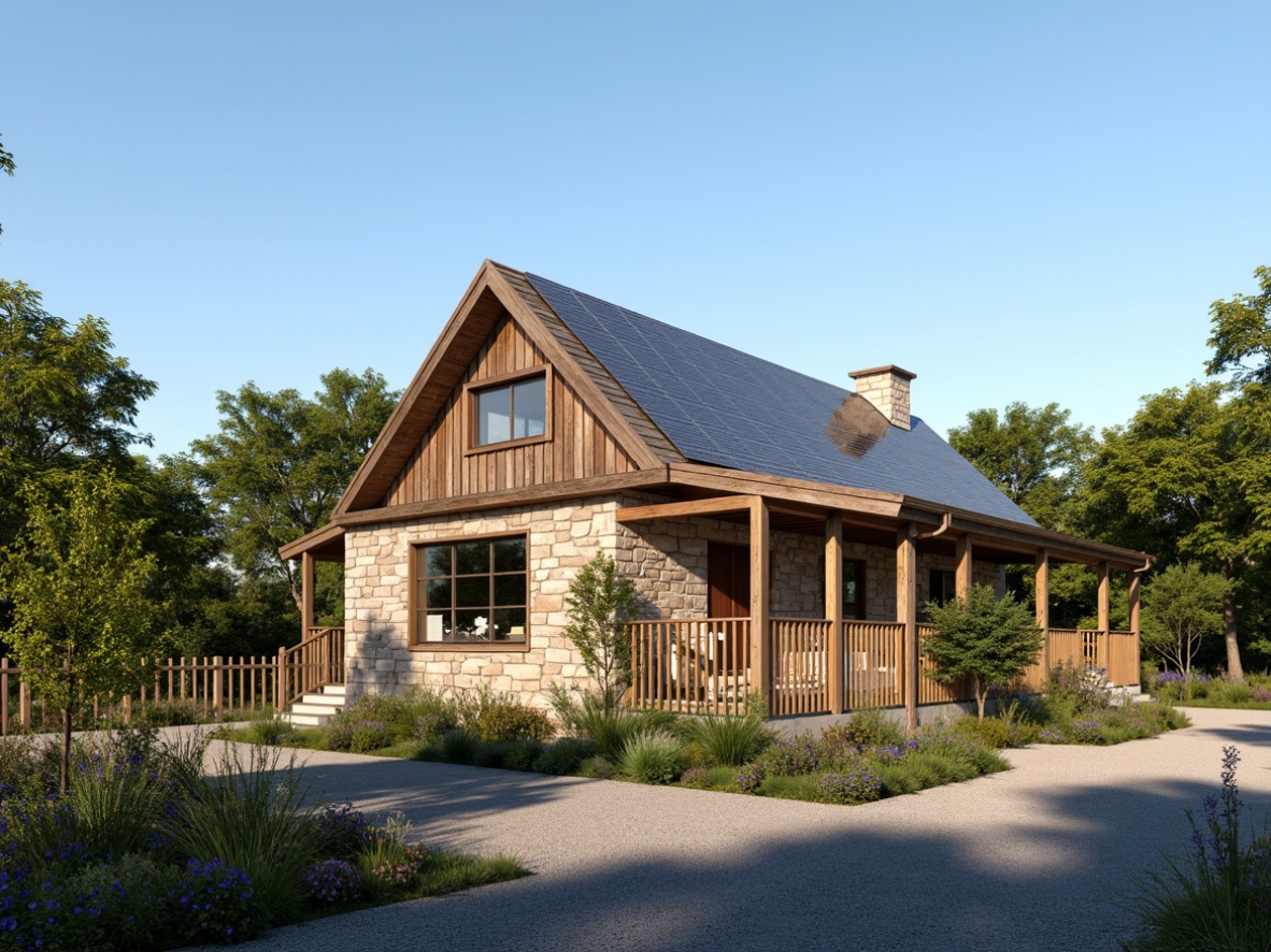 Prompt: Rustic farmhouse, natural stone walls, reclaimed wood accents, earthy tone color palette, green roof, solar panels, wind turbines, rainwater harvesting system, organic garden, wildflowers, wooden fences, gravel driveway, country road, blue sky, warm sunlight, soft shadows, 3/4 composition, panoramic view, realistic textures, ambient occlusion.