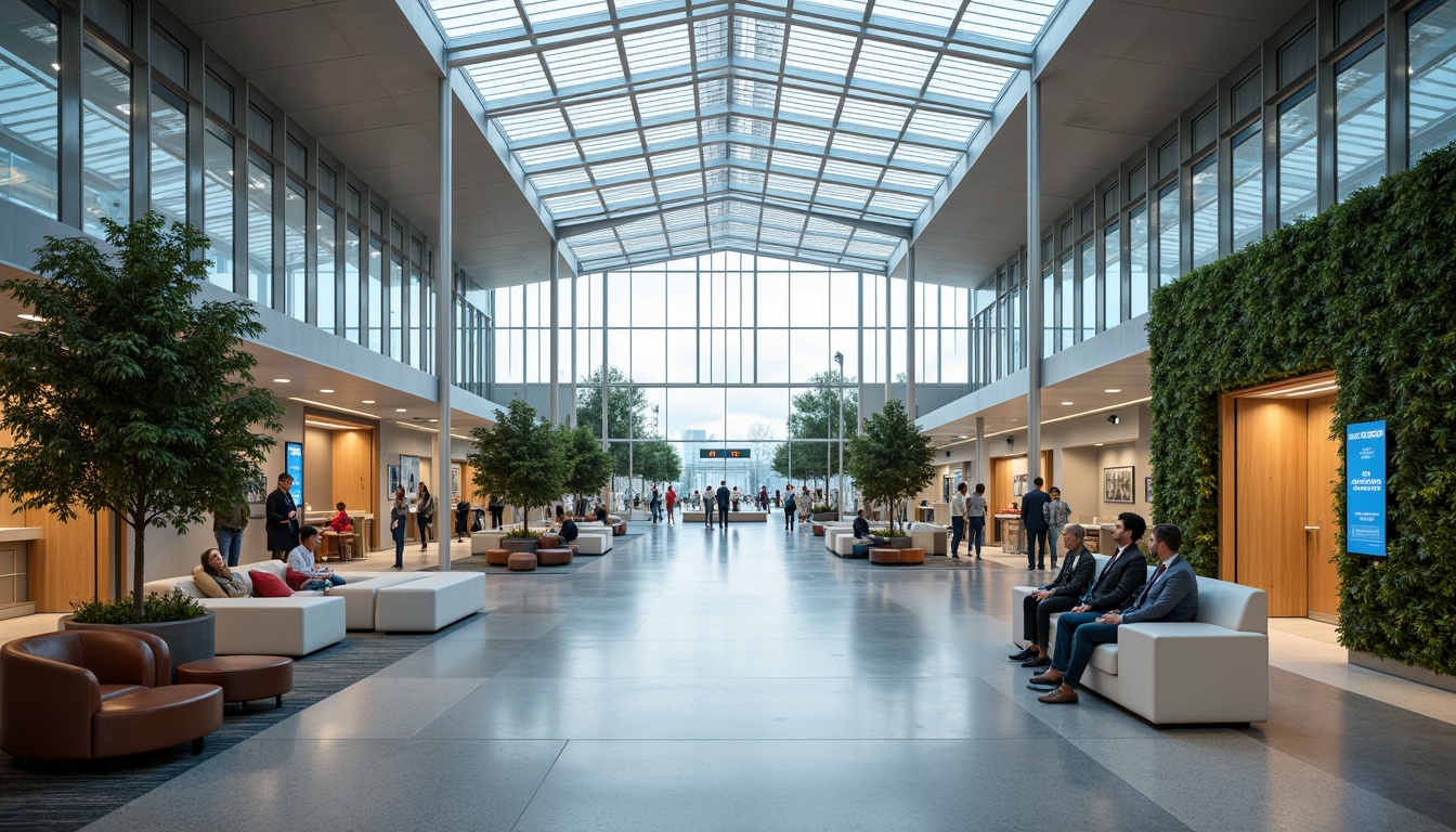 Prompt: Airy airport terminal, minimalist architecture, transparent glass roofs, sleek metal beams, natural light pouring, subtle LED lighting, polished concrete floors, modern check-in counters, simple signage systems, airy departure gates, comfortable lounge seating, warm wood accents, vibrant greenery walls, soft warm ambiance, shallow depth of field, 1/2 composition, panoramic view, realistic reflections, ambient occlusion.