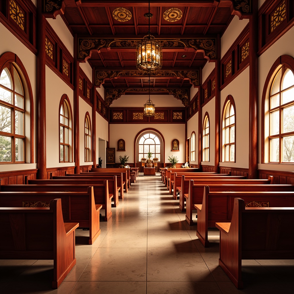 Prompt: Traditional Asian-style church interior, ornate wooden pews, intricately carved accents, vibrant red and gold hues, soft warm lighting, serene atmosphere, gentle natural ventilation, elegant chandeliers, minimalist decorations, subtle incense aromas, tranquil ambiance, spacious aisles, comfortable cushioning, harmonious proportions, 1/2 composition, shallow depth of field, realistic wood textures, ambient occlusion.