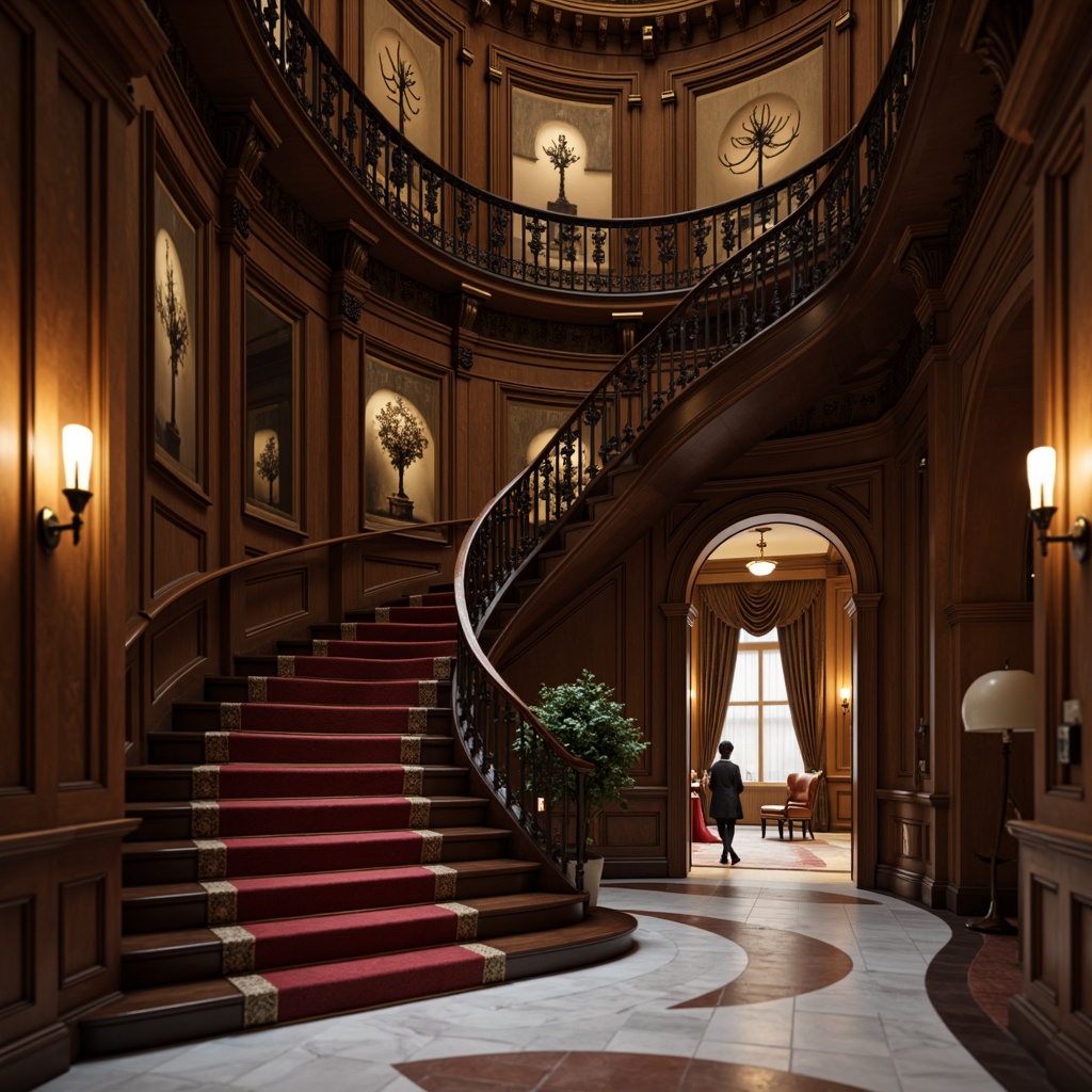 Prompt: Elegant staircase, rich dark wood tones, ornate carvings, soft warm lighting, shallow depth of field, 3/4 composition, luxurious velvet upholstery, intricate ironwork, subtle gold accents, classic architectural details, grand entrance hall, sweeping curved railings, polished marble floors, refined Renaissance-inspired motifs, subtle ambient occlusion, realistic textures.