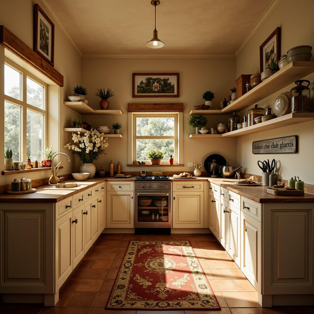 Prompt: Cozy pantry, warm beige walls, soft creamy cabinets, rustic wooden shelves, earthy terracotta floor tiles, vintage metal signs, distressed finishes, warm golden lighting, inviting atmosphere, natural textures, organic shapes, 3/4 composition, shallow depth of field, realistic renderings.