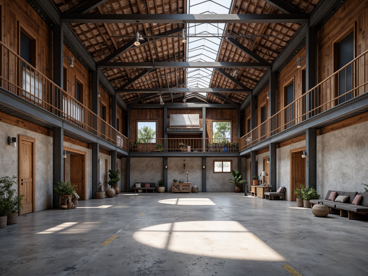 Prompt: Industrial warehouse, exposed steel beams, rustic metal trusses, reclaimed wood accents, polished concrete floors, functional industrial lighting, urban loft atmosphere, open ceiling plan, minimal ornamentation, neutral color palette, natural light pouring, dramatic shadows, high ceilings, modern industrial aesthetic, distressed textures, architectural photography, wide-angle lens, shallow depth of field.