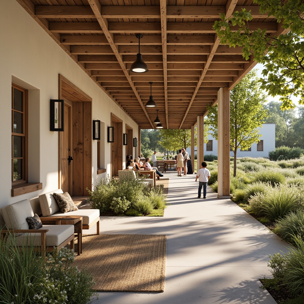 Prompt: Rustic youth center, farmhouse style, earthy tones, natural materials, reclaimed wood accents, vintage metal decorations, warm beige walls, creamy white trim, soft sage greenery, blooming wildflowers, sunny afternoon, warm golden lighting, shallow depth of field, 3/4 composition, panoramic view, realistic textures, ambient occlusion, outdoor seating areas, wooden benches, picnic tables, lantern-style lighting fixtures, woven wicker furniture, plush throw blankets.