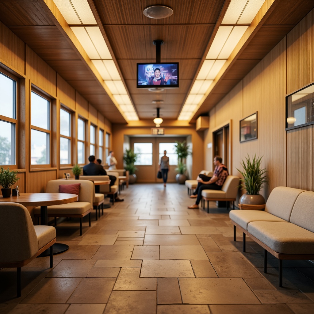 Prompt: Cozy train station interior, warm beige tones, comfortable seating areas, plush sofas, ergonomic chairs, wooden benches, soft cushioning, rounded edges, minimalist metal frames, natural stone flooring, subtle ambient lighting, soft warm color scheme, 3/4 composition, shallow depth of field, realistic textures, ambient occlusion, modern digital displays, informative signage, convenient power outlets, USB charging ports, relaxing atmosphere, calming colors, noise-reducing materials.