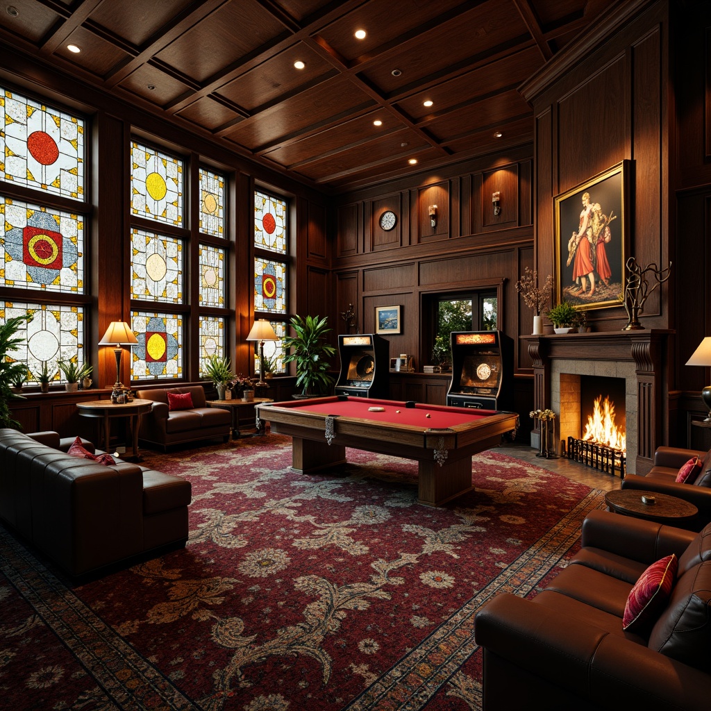 Prompt: Cozy game room, rich wood paneling, ornate furniture, plush carpets, warm fireplaces, classic arcade machines, vintage board games, stained glass windows, intricate leadwork patterns, colorful glass mosaics, textured glass surfaces, subtle ambient lighting, dramatic chiaroscuro effects, 1/2 composition, cinematic camera angles, realistic reflections, soft focus blur.