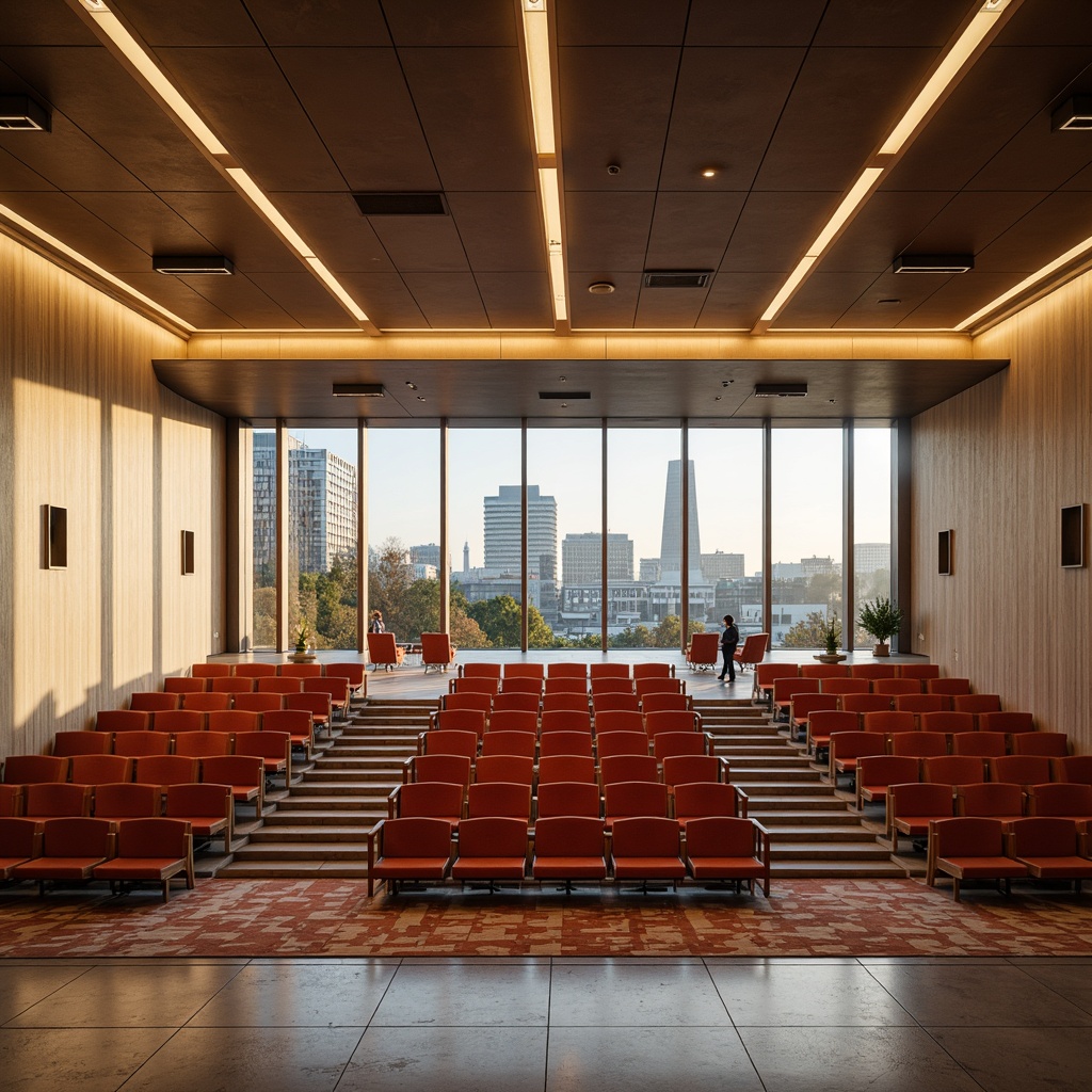 Prompt: Mid-century modern auditorium, tiered seating arrangement, wooden chairs with sleek metal frames, plush red velvet upholstery, curved rows of seats, elevated platforms, spacious aisles, polished concrete floors, geometric patterned rugs, minimalist decorative lighting, suspended ceiling fixtures, warm beige walls, large windows with city views, urban landscape outside, afternoon sunlight, soft shadows, shallow depth of field, 2/3 composition, symmetrical framing, realistic textures, ambient occlusion.