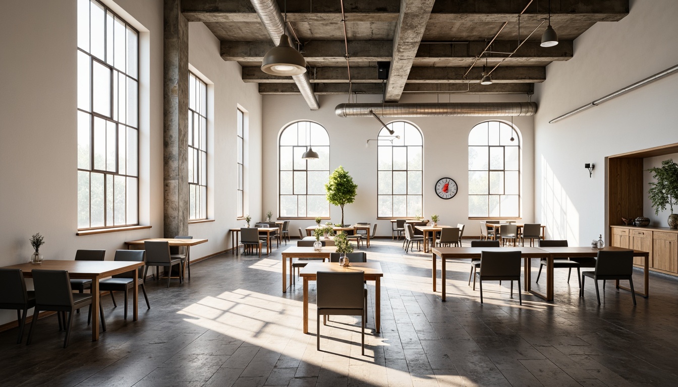 Prompt: Industrial chic dining hall, rectangular tables, minimalist chairs, geometric patterns, concrete floors, white walls, large windows, natural daylight, suspended linear lighting fixtures, cylindrical metal shades, exposed ductwork, functional design, brutalist architecture, warm ambient glow, soft shadows, shallow depth of field, 1/1 composition, realistic textures, subtle color palette.