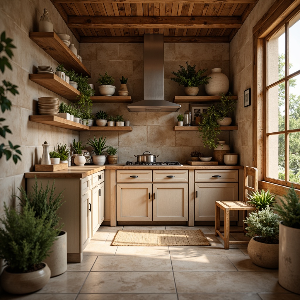 Prompt: Cozy pantry, warm beige tones, rich wood accents, soft creamy whites, earthy brown hues, natural stone countertops, rustic metal shelving, vintage appliances, distressed finishes, ambient warm lighting, shallow depth of field, 2/3 composition, inviting textures, soft focus.