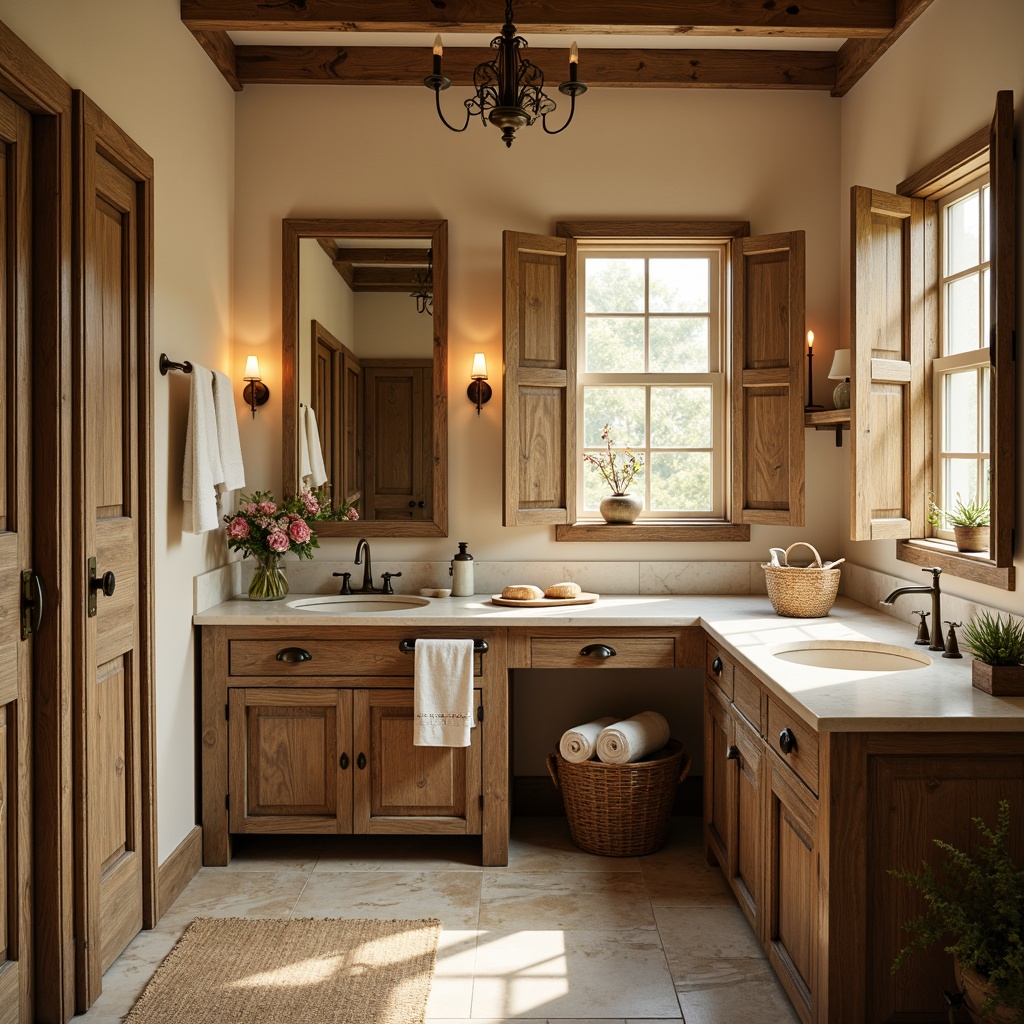 Prompt: Rustic French country bathroom, distressed wood vanity, ornate metal fixtures, soft warm lighting, creamy white marble countertops, vintage-inspired faucets, delicate ceramic tiles, woven wicker baskets, natural stone flooring, earthy color palette, aged bronze hardware, floral patterns, subtle elegance, warm beige walls, wooden shutters, decorative mirrors, luxurious towels, spa-like ambiance, 3/4 composition, soft focus, warm golden lighting.