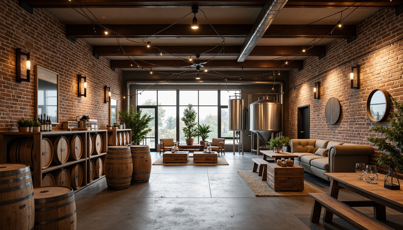 Prompt: Rustic winery interior, exposed brick walls, metal beams, reclaimed wood accents, industrial chic lighting, wine barrels, wooden crates, vintage wine-making equipment, earthy tone color palette, natural stone floors, minimalist decor, modern fermentation tanks, stainless steel surfaces, urban loft-inspired layout, high ceilings, large windows, abundant natural light, soft warm glow, shallow depth of field, 3/4 composition, realistic textures, ambient occlusion.