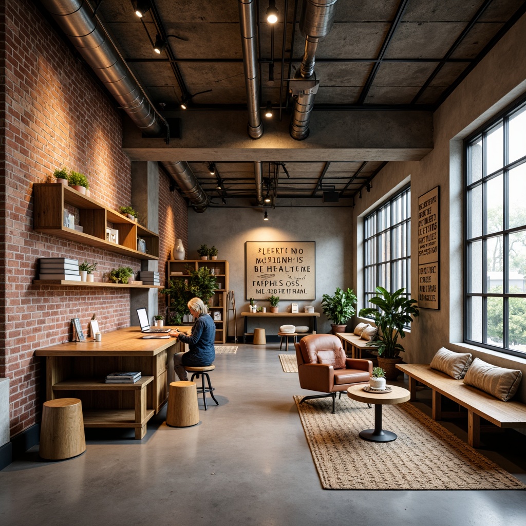 Prompt: Exposed brick walls, polished concrete floors, industrial metal beams, wooden workstations, ergonomic stools, reclaimed wood accents, minimalist lighting fixtures, metal grid ceilings, raw concrete columns, distressed wood shelving, vintage machinery displays, motivational quote decals, warm task lighting, cozy reading nooks, natural fiber rugs, earthy color palette, functional decorative elements, eclectic furniture arrangements, open collaborative spaces, flexible modular layouts, technology-integrated work surfaces, modern industrial aesthetic, rustic charm accents.