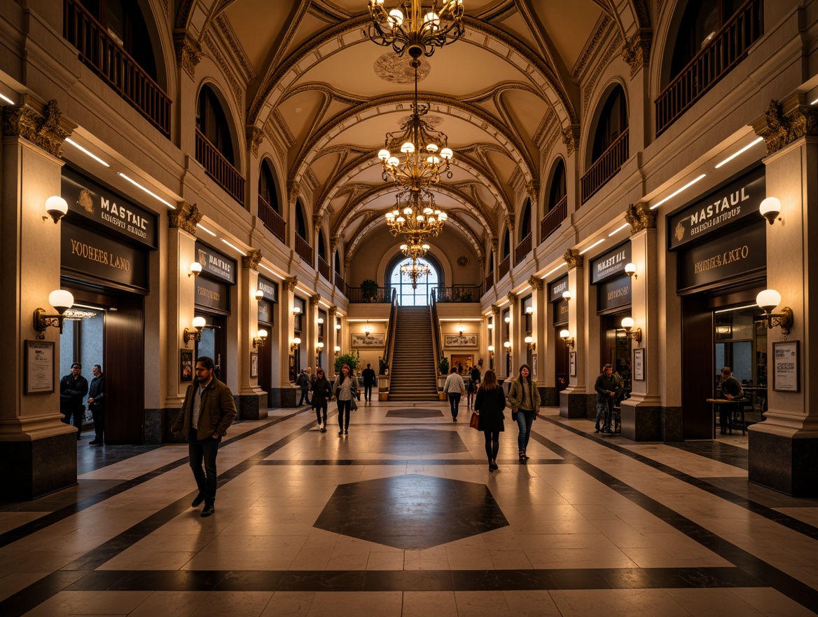 Prompt: Grand metro station, ornate chandeliers, bronze lanterns, warm golden lighting, high ceilings, vaulted arches, decorative moldings, classical columns, marble floors, intricate tile work, vintage advertisements, nostalgic ambiance, soft warm glow, dramatic spotlights, elegant sconces, rich wood tones, luxurious textiles, majestic staircases, ornate metalwork, sophisticated atmosphere.