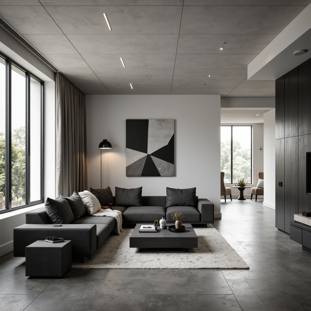 Prompt: Monochromatic living room, sleek low-profile furniture, matte black accents, subtle texture variations, minimalist artwork, industrial-chic lighting fixtures, polished concrete floors, neutral color palette, simple geometric patterns, airy open space, natural light pouring in, soft warm glow, shallow depth of field, 1/1 composition, realistic textures, ambient occlusion.