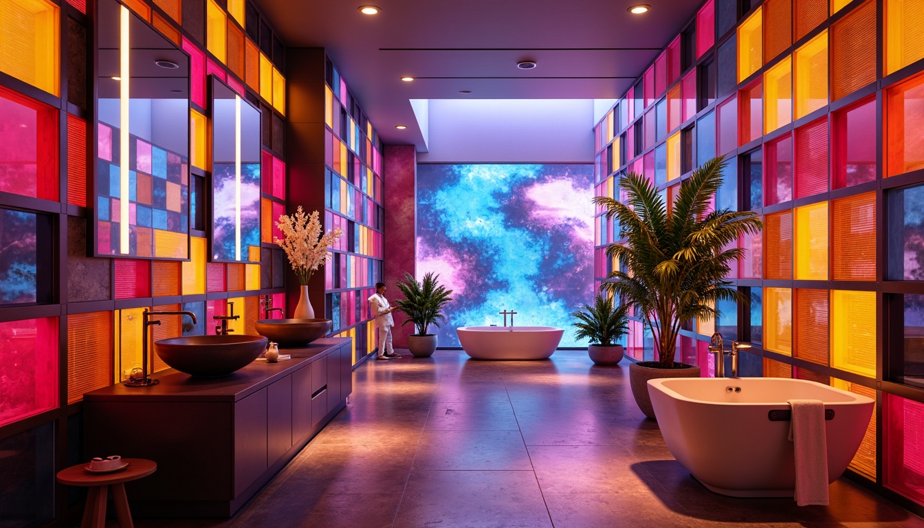 Prompt: Vibrant bathroom interior, postmodern design, bold colored glass accents, geometric patterns, iridescent tiles, glossy finishes, LED lighting, futuristic fixtures, sleek metal frames, minimalist decor, spa-inspired ambiance, warm atmospheric glow, shallow depth of field, 1/1 composition, realistic reflections, ambient occlusion, abstract shapes, kaleidoscope colors, eclectic mix of materials.