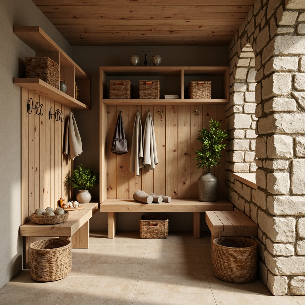 Prompt: Rustic mudroom, natural stone walls, earthy tone colors, wooden benches, vintage metal hooks, woven baskets, warm beige flooring, soft creamy lighting, shallow depth of field, 3/4 composition, inviting atmosphere, cozy textures, realistic wood grain, autumnal color scheme, earthy brown hues, moss green accents, weathered wood tones.