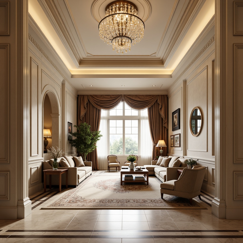 Prompt: Elegant great room, neoclassical style, high ceiling design, ornate moldings, decorative cornices, grand chandelier, crystal droplets, luxurious fabrics, velvet drapes, marble flooring, intricate inlays, subtle lighting, warm beige tones, classic architectural elements, symmetrical composition, 1/1 aspect ratio, soft focus, ambient occlusion.