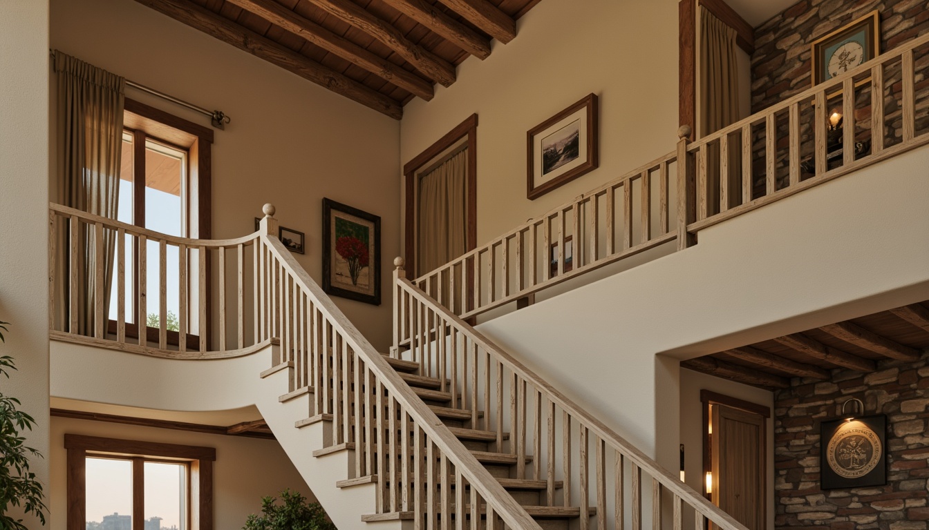 Prompt: Rustic wooden railings, curved banisters, ornate metalwork, distressed finishes, soft cream colors, warm beige tones, elegant scrolls, floral patterns, natural stone walls, brick accents, vintage decor, soft candle lighting, shallow depth of field, 1/2 composition, warm atmospheric mood, realistic wood textures, subtle ambient occlusion.