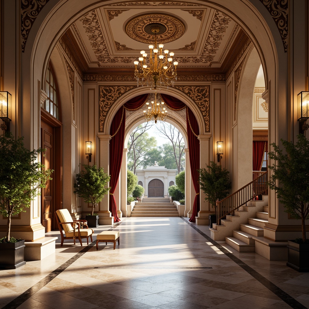 Prompt: Grand entrance, ornate doorways, elegant arches, sophisticated columns, intricate carvings, lavish moldings, polished marble floors, luxurious chandeliers, opulent furnishings, stately staircases, refined railings, exquisite tile work, vibrant color schemes, rich textures, subtle lighting, shallow depth of field, 1/2 composition, realistic renderings, ambient occlusion.