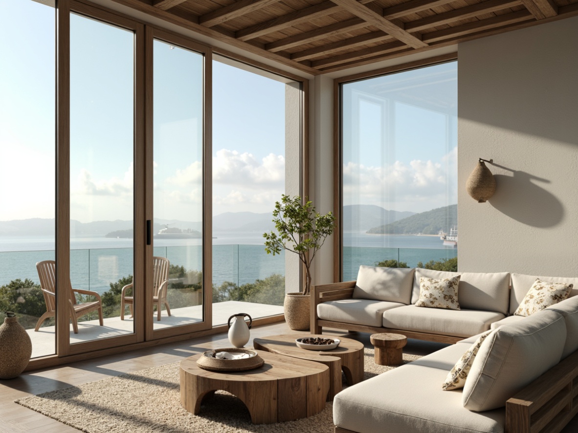 Prompt: Calming coastal penthouses, ocean-inspired hues, soft blues, whites, and sandy neutrals, weathered wood accents, nautical rope details, sea-salt air, misty mornings, warm sunlight, gentle breezes, expansive windows, sliding glass doors, minimalist decor, natural textiles, woven fibers, driftwood coffee tables, coral-patterned throw pillows, soothing ambiance, shallow depth of field, 1/1 composition, soft focus, realistic renderings.