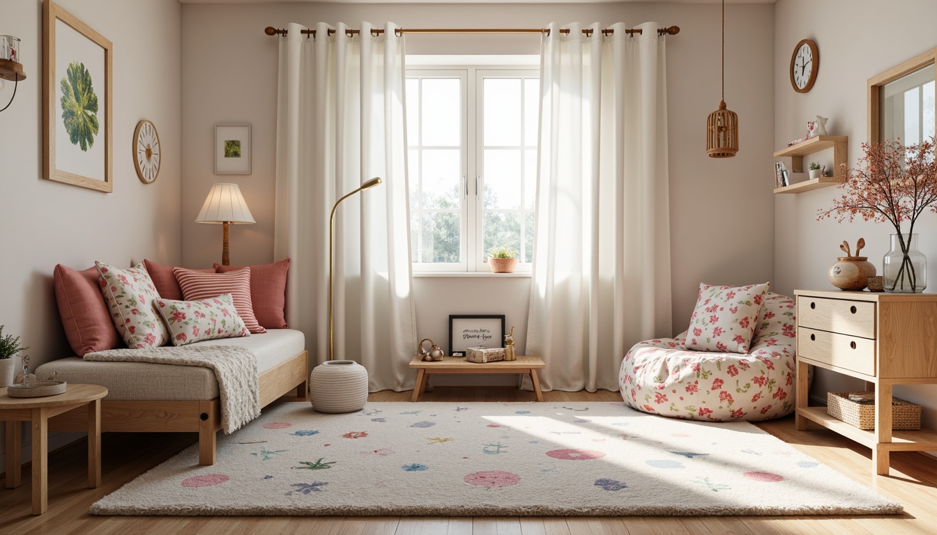 Prompt: Cozy kid's bedroom, plush area rugs, soft pastel colors, gentle fabric textures, whimsical cartoon patterns, colorful polka dots, fun stripes, cheerful florals, sweet alphabet prints, comfy bean bags, oversized pillows, warm Sherpa blankets, wooden furniture, natural oak wood tones, playful string lights, softbox lighting, 1/1 composition, intimate atmosphere, realistic fabric rendering.