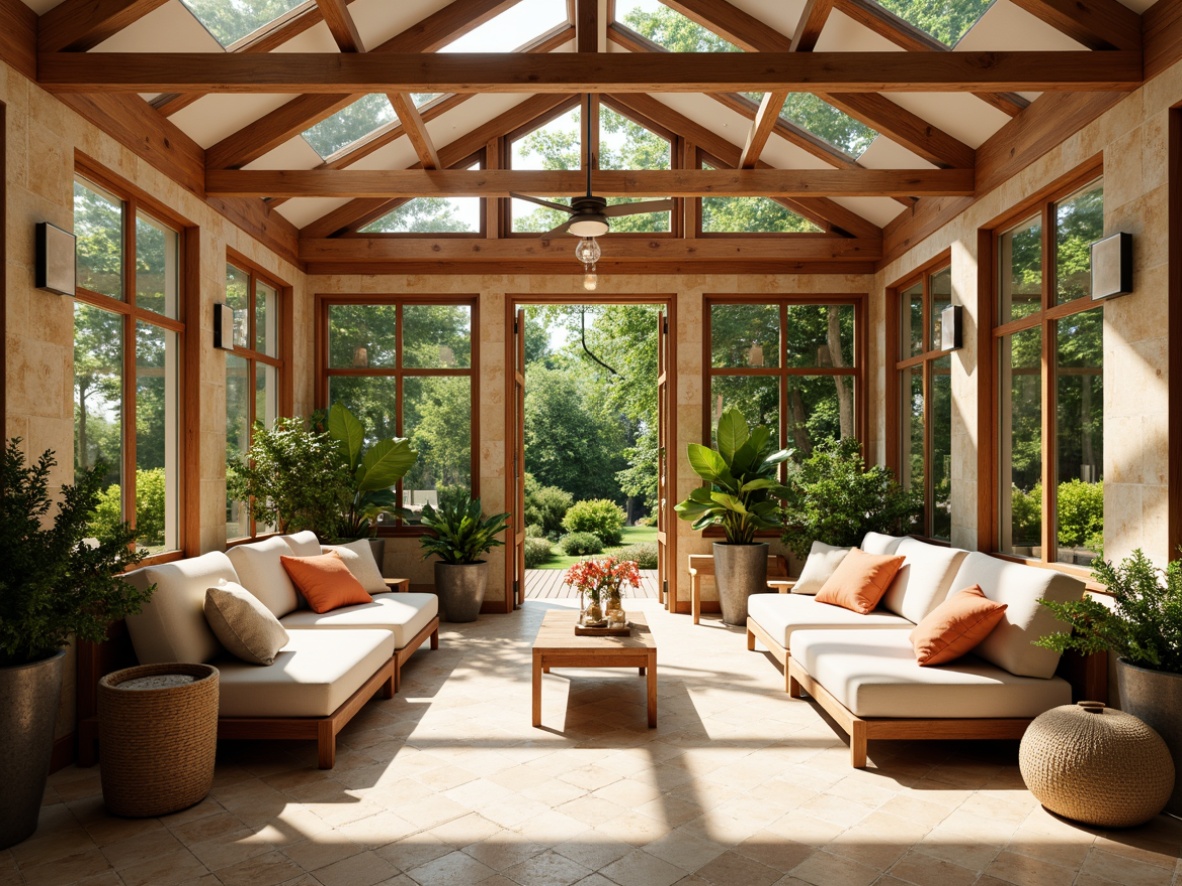 Prompt: Vibrant sunroom interior, hexagonal tiles pattern, warm beige colors, natural stone accents, wooden ceiling beams, large skylights, sliding glass doors, lush greenery views, comfortable seating areas, cozy throw pillows, soft warm lighting, shallow depth of field, 1/2 composition, realistic textures, ambient occlusion.