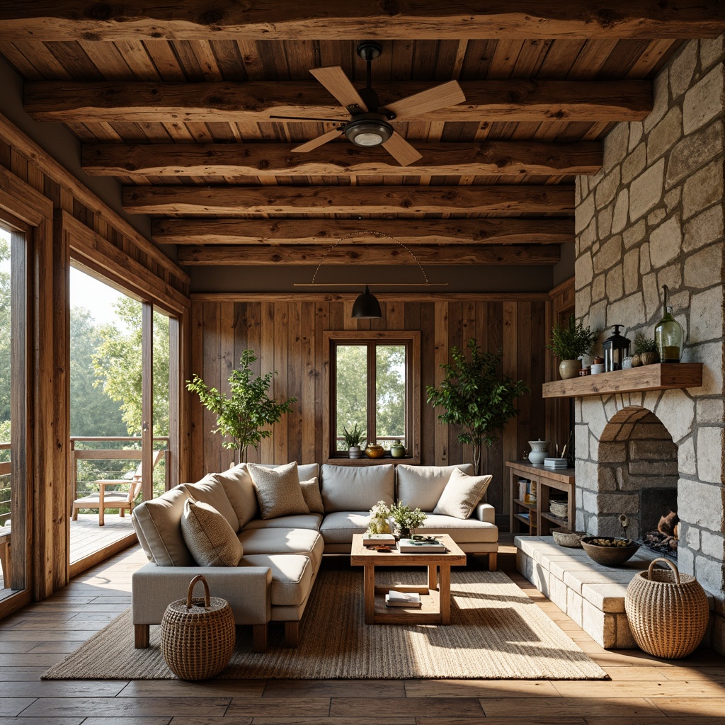 Prompt: Rustic cabin, reclaimed wood walls, wooden beam ceilings, stone fireplaces, natural fiber rugs, woven baskets, vintage metal lanterns, earthy color palette, rough-hewn wooden furniture, linen upholstery, burlap fabrics, distressed finishes, warm ambient lighting, cozy reading nooks, nature-inspired accessories, potted greenery, botanical prints, organic textures, 1/2 composition, soft focus, natural light, warm color tones.