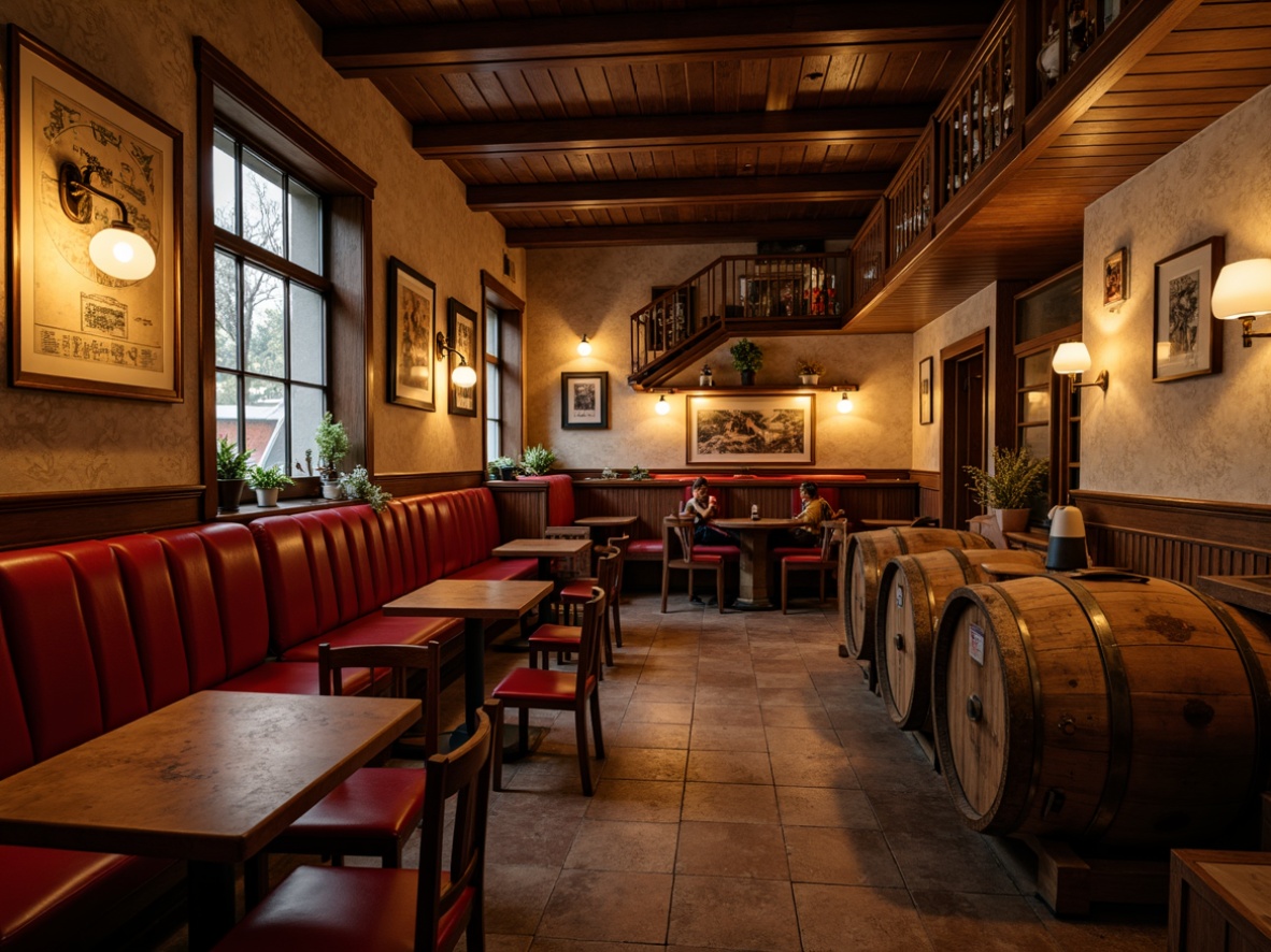 Prompt: Cozy pub atmosphere, rustic wooden accents, earthy tones, warm beige walls, rich brown furniture, vibrant red upholstery, brass metal details, vintage posters, classic beer barrels, dimmed warm lighting, shallow depth of field, 2/3 composition, realistic textures, ambient occlusion.