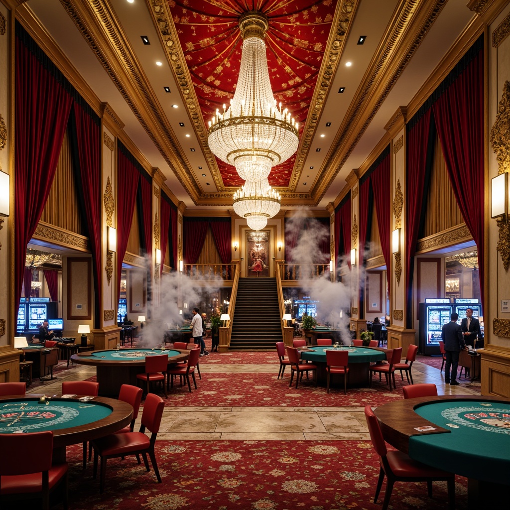 Prompt: Luxurious casino interior, ornate chandeliers, rich velvet fabrics, intricate moldings, gilded accents, high ceilings, grand staircases, lavish furnishings, elegant lighting fixtures, sophisticated color palette, marble floors, wooden paneling, opulent decorations, spacious gaming areas, roulette tables, slot machines, poker rooms, VIP lounges, comfortable seating areas, atmospheric smoke effects, soft warm lighting, shallow depth of field, 1/2 composition, realistic textures, ambient occlusion.